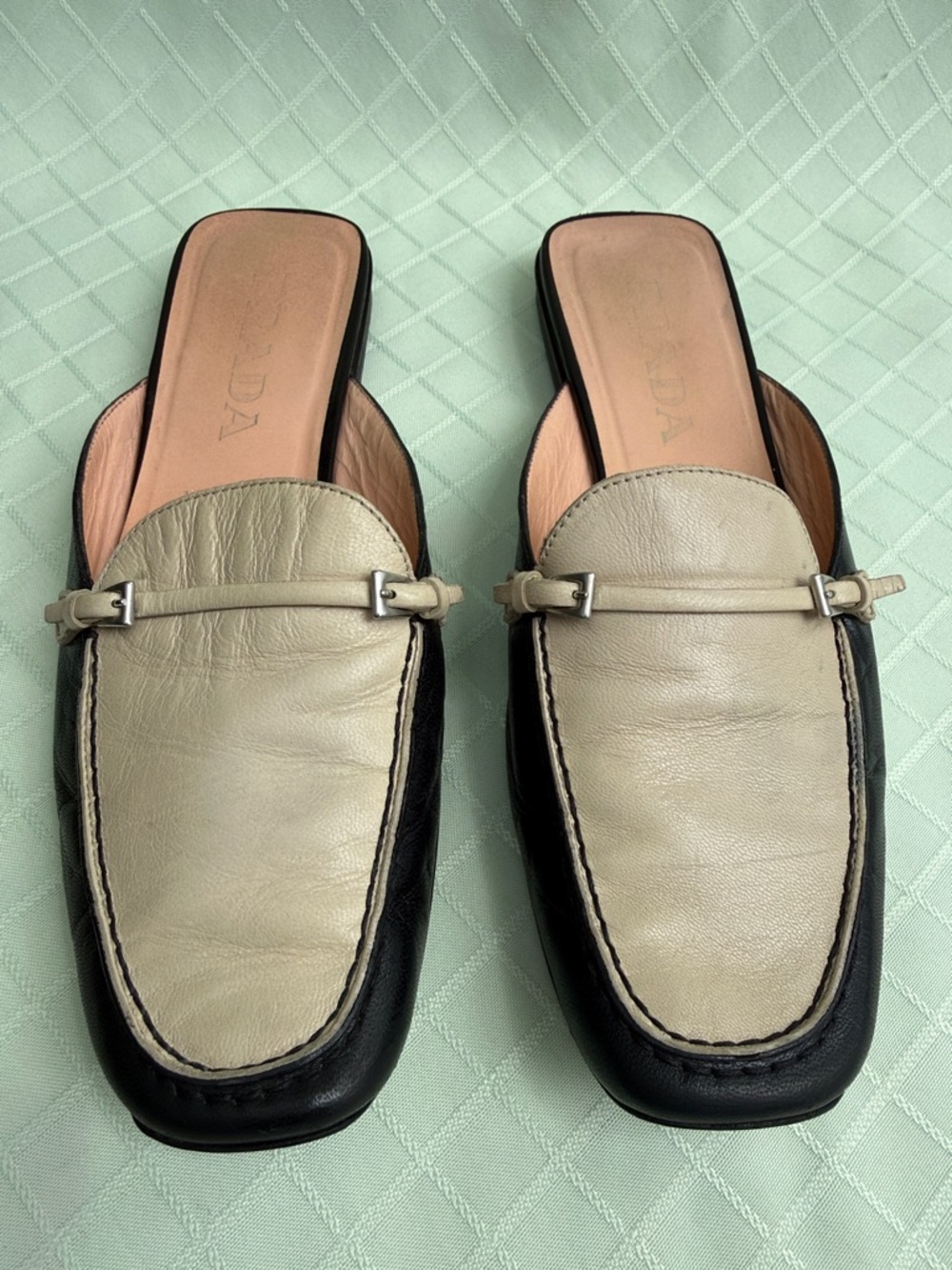 Prada Two-Tone Cream and Black Leather Mule Clogs